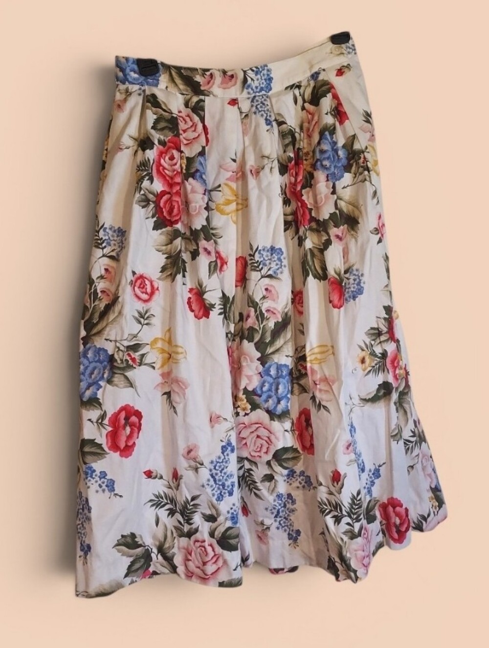 Susan Bristol Floral Pleated A-Line Midi Skirt in White with Pink, Blue & Green